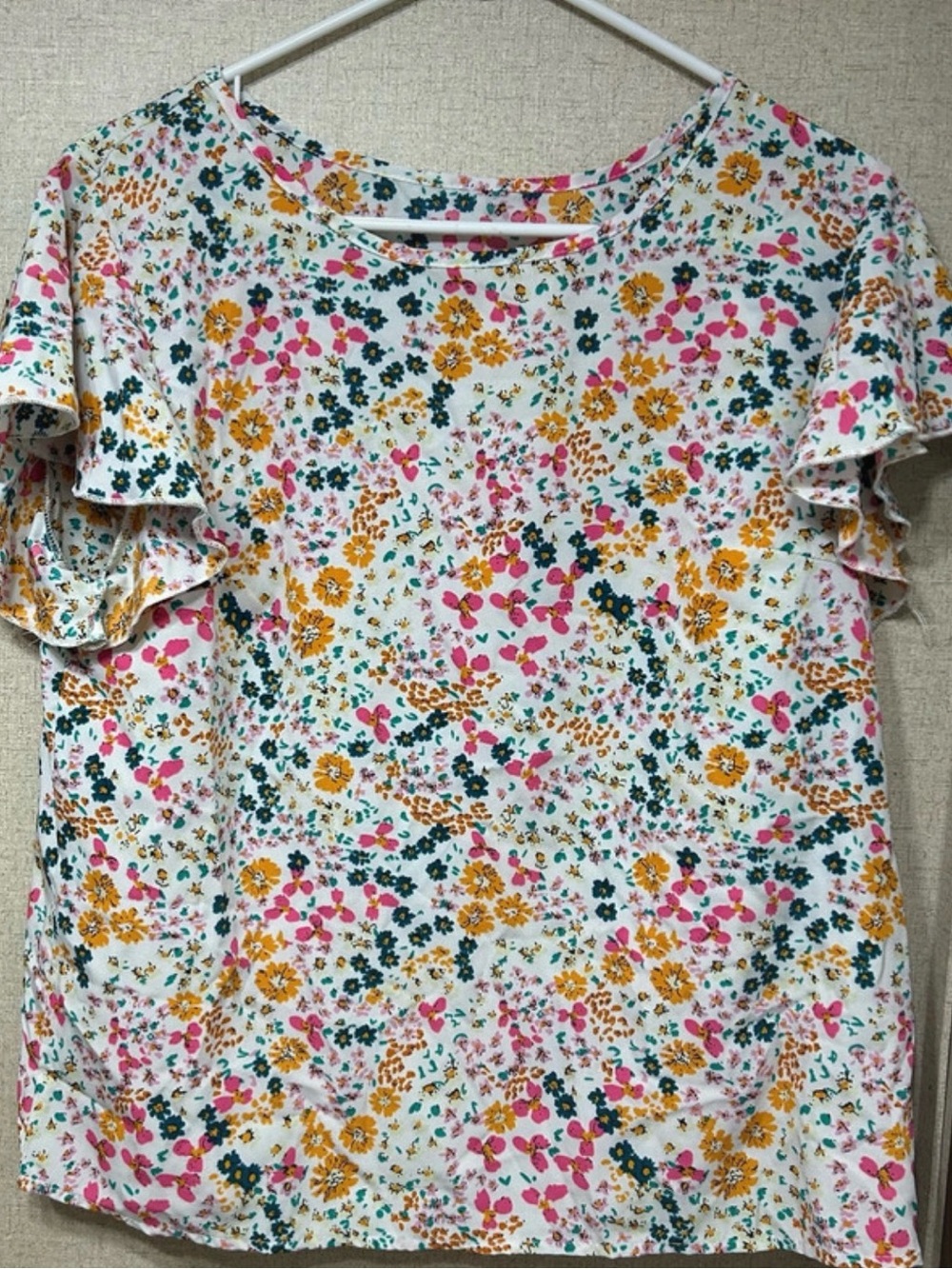 Floral Ruffle Sleeve Blouse - White with Pink & Mustard